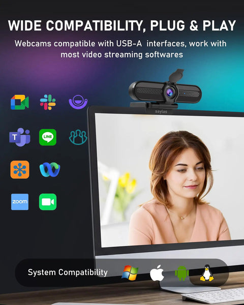 4K Auto Focus USB Web Cam With Dual Mics And Quick Privacy Flip Hella Crisp Video For Seamless Meetings Live Streams And Streamer Clips Plug And Play On PC Or Laptop A Total No Brainer Purchase; webcam on screen, woman using it, wide compatibility icons.
