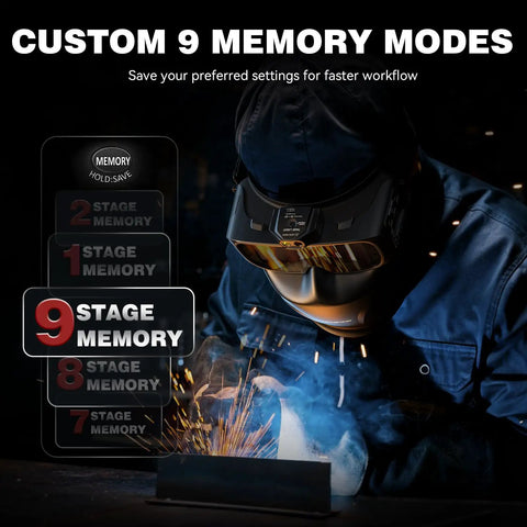 Top-Shelf Auto Darkening Welding Glasses With Integrated Led Light And True Color Lens, showing 9 memory modes for customizable welding.