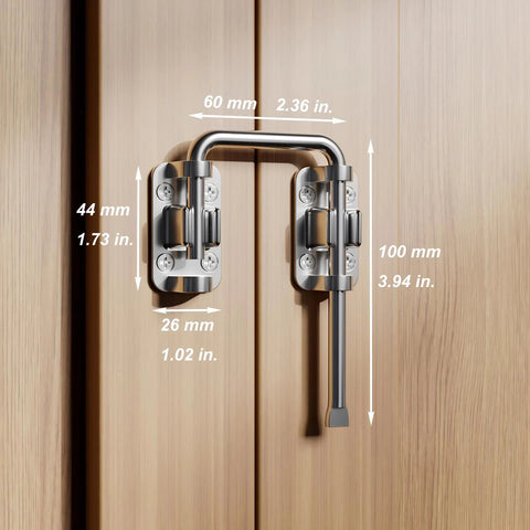 Patio Sliding Door Loop Lock 2 3 Eighth Inch U Shaped Latch Hook Lock Replacement Satin Nickel installed on wood surface