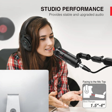 Woman using XLR Dynamic Microphone With Cardioid Pattern For Studio Audio, Perfect For Podcasting, Streaming, Voiceover.