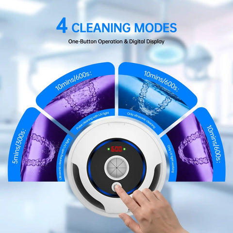 45kHz Ultrasonic Retainer Cleaner Pod With Digital Timer showing 4 cleaning modes and hand pressing button