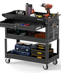 3 Tier Rolling Tool Cart With Lockable Drawer And Pegboard Hooks, Built Tough Heavy Duty Metal Utility Cart On Wheels For Garage, Workshop And Warehouse Organization, black steel, 350 lb capacity