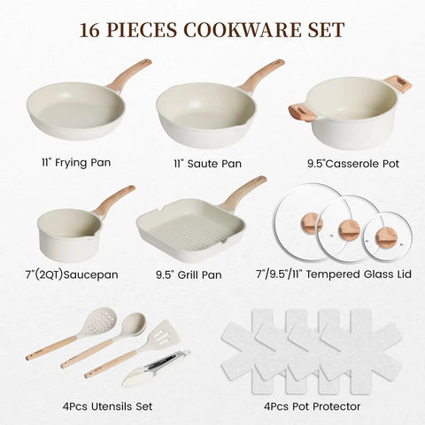 16 Piece Ceramic Pots And Pans Set Nonstick With 9.5 Inch Grill Pan Induction Compatible PFAS Free PTFE Free PFOA Free
