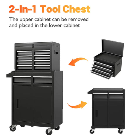 Five Drawer Rolling Tool Cart With Detachable Cabinet Heavy Duty Pro Grade Mobile Tool Chest in black with detachable parts