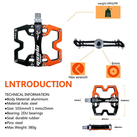 Diagram of Ultra Light Nine Sixteen Inch Aluminum Mountain Bike Pedals with CNC bearings, showing size, weight, and technical specs.