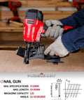 15 Degree Roofing Nailer Coil Kit With 120 Nail Magazine And 240 Nails in use by gloved hands, red power tool on workbench.