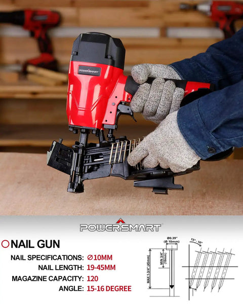15 Degree Roofing Nailer Coil Kit With 120 Nail Magazine And 240 Nails in use by gloved hands, red power tool on workbench.