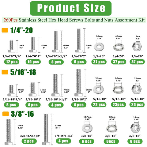 Stainless Steel Hex Bolts Nuts And Washers Kit 260 Piece Set With Flat And Lock Washers Case Included For 1/4-20 5/16-18 And 3/8-16 Full Thread Heavy Duty Hardware DIY Projects size chart