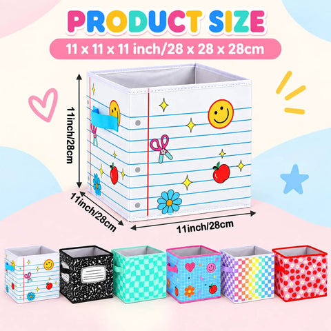 6 Piece Slick Fabric Storage Bins 11 Inch Vibrant Cubby Basket Organizers With Grippy Handles For Classrooms And Nurseries featuring size and design.