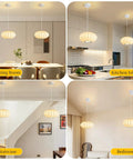 11.5in Small Lantern Pendant Light, White Imitation Silk Bubble lamp in dining room, kitchen island, staircase, and bedroom settings.
