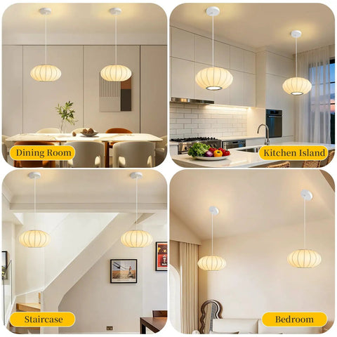 11.5in Small Lantern Pendant Light, White Imitation Silk Bubble lamp in dining room, kitchen island, staircase, and bedroom settings.