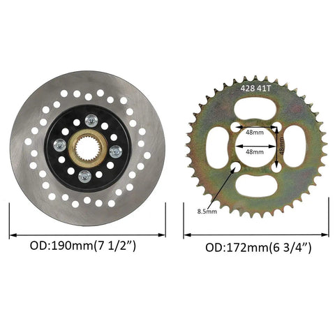190mm brake rotor and 37T sprocket from All In One 32 Inch Live Axle Go Kart Kit With 420 Chain Sprocket 37T, 190mm Brake Rotor, Master Cylinder, 1 Inch Pillow Block Bearings, 3 And 4 Bolt Wheel Hubs, 13x5.00-6 Tire And Rim For Racing Go Kart ATV Drift Trike Buggy DIY Projects