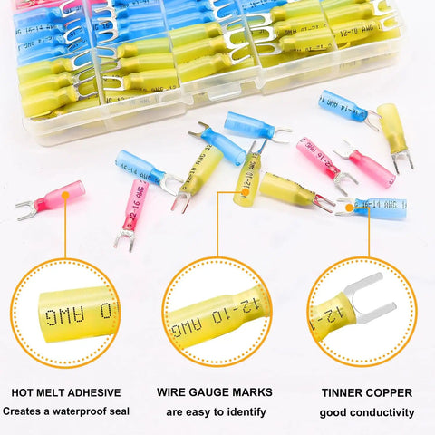 100 Pcs Heat Shrink Fork Spade Connectors Waterproof Quick Splice Crimp U Type Terminals Kit with gauge markings and adhesive