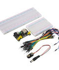 Hands On Breadboard Kit With Power Supply Module And Jumper Wires Battery Clip 830 And 400 Tie Point Boards USB Or DC Power 3V3 Output Under 700mA Great For Prototyping And Maker Projects. Image shows two breadboards, power module, and colorful jumper wires.