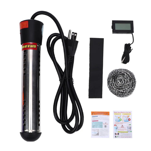 Heavy Duty 2000W Immersion Water Heater Delivers Insanely Fast Hot Water On Tap Using Pure Copper Heating Coils And Perforated Steel Guard For Zero Wait Comfort Daily with power cord, manual, and cleaning cloth.