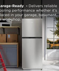 Compact Counter Depth Refrigerator With Top Freezer 11.6 Cubic Feet, Slick Silver Vibe in a garage setting, showcasing storage capabilities.