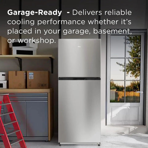 Compact Counter Depth Refrigerator With Top Freezer 11.6 Cubic Feet, Slick Silver Vibe in a garage setting, showcasing storage capabilities.