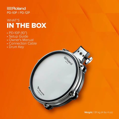 10 Inch Premium V Pad With Next Gen Feel And Enhanced Playability, Triple Piezo Sensor Trigger Pad, Hard Rubber Rim And Revised Hoop Design, Snare Tom Upgrade For V Drums And Electronic Drum Kits displayed with box contents.