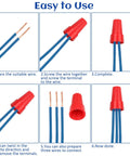 Electrical wire connectors with red insulated caps and blue wires; six-step collage showing twist-and-cap connections.