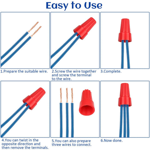 Electrical wire connectors with red insulated caps and blue wires; six-step collage showing twist-and-cap connections.