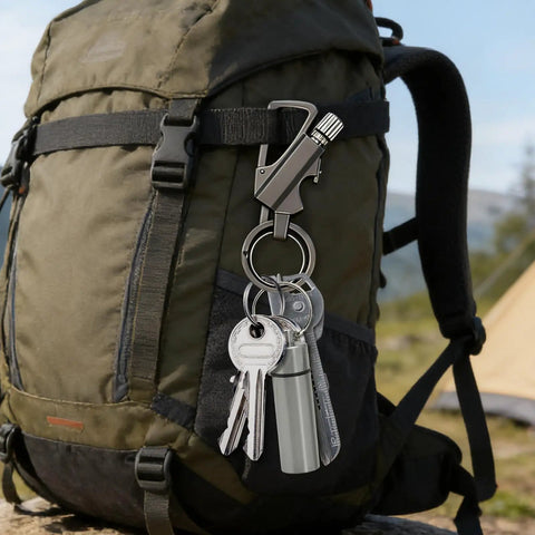 Backpack with Two Pack Permanent Match Lighter Set With Tinder Storage Canister, Reusable Fire Starter, Multitool Keychain And Bottle Opener
