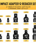 Impact Socket Adapter And Reducer Set For SAE Sizes One Quarter Through Three Quarters Inch With CR-MO Steel Construction And Universal Joint Including Drive Adapters And Reducers For One Quarter, Three Eighths, One Half, And Three Quarters Inch Tools In.