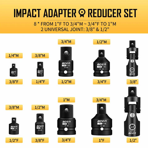 Impact Socket Adapter And Reducer Set For SAE Sizes One Quarter Through Three Quarters Inch With CR-MO Steel Construction And Universal Joint Including Drive Adapters And Reducers For One Quarter, Three Eighths, One Half, And Three Quarters Inch Tools In.