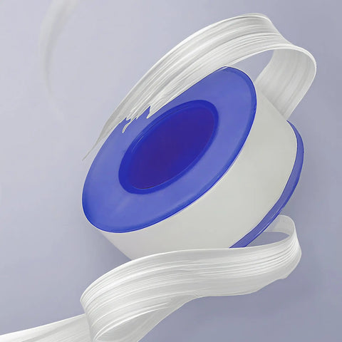 PTFE Plumbers Tape Two Pack 0.5 Inch Wide Teflon Tape for pipe thread sealing, with visible white roll and blue core, used for plumbing connections.