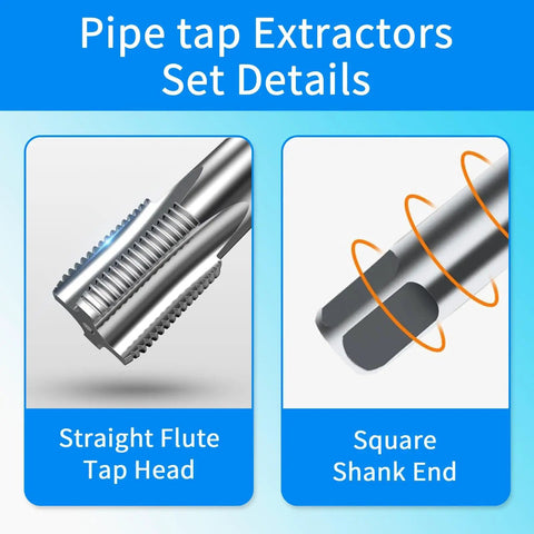 3-Piece NPT Pipe Tap Set For 1-In, 1-1/4-In, And 1-1/2-In Pipe Fittings, showing straight flute tap head and square shank end