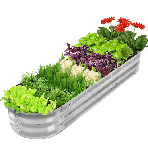 67 Inch Galvanized Raised Garden Bed For Vegetables And Flowers Outdoor Planter Box with visible planted greens and flowers.