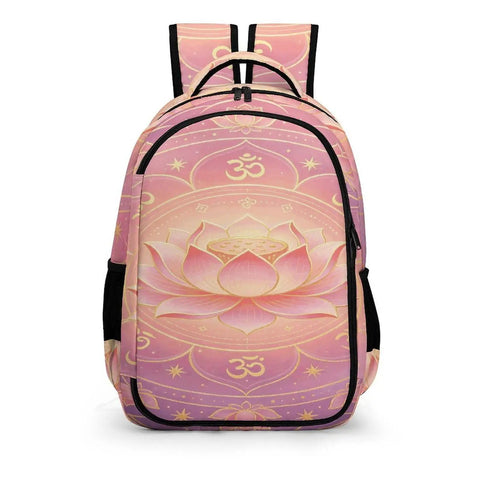 Om Sacred Lotus Mandala Art Backpack For Unisex Use with pastel lotus design, large capacity, durable polyester, breathable material.