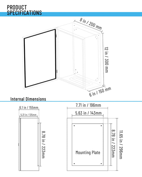 Diagram of Weatherproof Outdoor Electrical Enclosure Box 12 By 8 By 6 Inches with internal and external dimensions shown.
