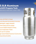 Flame King 33.5-lb aluminum forklift propane tank, front view with top valve assembly, brand logo visible