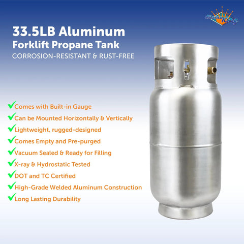 Flame King 33.5-lb aluminum forklift propane tank, front view with top valve assembly, brand logo visible