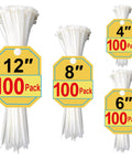 Heavy Duty White Zip Ties Set 4 6 8 12 Inch 400 Pack UV Resistant, assorted sizes shown