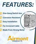 Heavy Duty 2.5 Inch Deep One Gang Metal Switch Box Haul Featuring Solid Four Pack Build With Seven Knockouts And MC Cable Clamps For Slick Electrical Wiring Jobs Around Town, showing features and strong metal design.