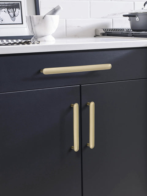 Installed Golden Champagne Cabinet Pull Concentric Modern Style Five And One Sixteenth Inch Center To Center Kitchen Hardware