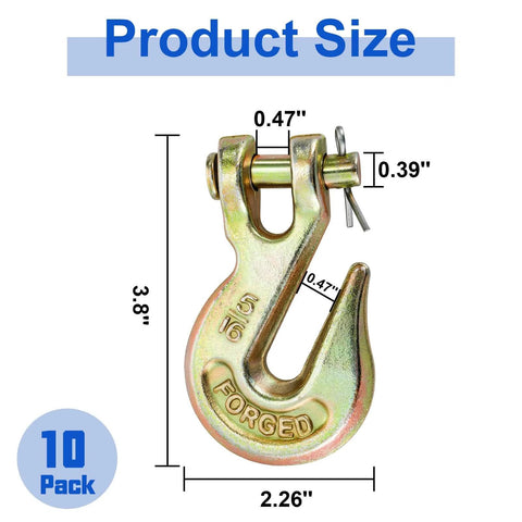 10 Pack Five Sixteenth Inch Clevis Grab Hooks Heavy Duty G70 Forged Steel Chain Hooks With Yellow Chromate Finish 5400 Lbs Capacity