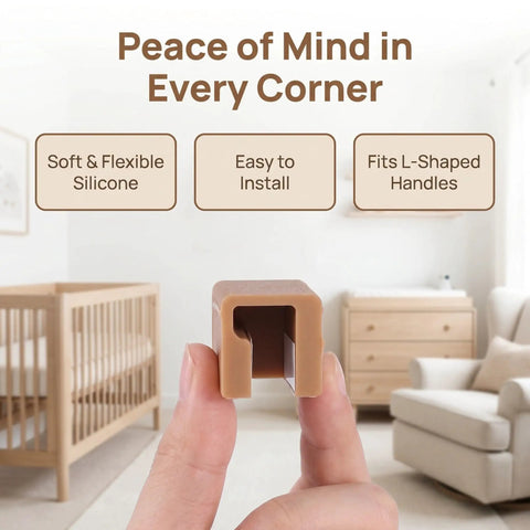 Close-up of Six Piece Silicone L Shaped Corner Protector in coffee color held by hand, showing soft, flexible silicone for handles.