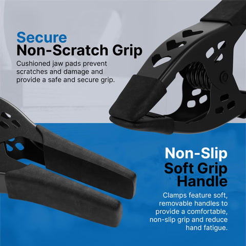 Eight Pack 6 Inch Heavy Duty Beefy Metal Spring Clamps All Black With 2.5 Inch Jaw Opening featuring secure non-scratch grip.