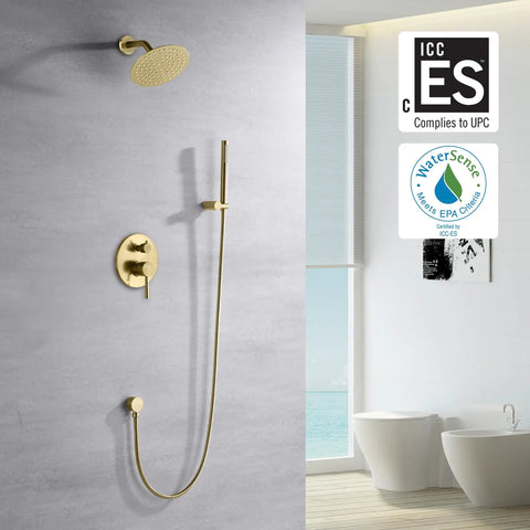 Top Notch Brushed Gold Shower Faucet System With A Sleek Eight Inch Rainfall Head Pumping High Pressure And Equipped With Slick Silicone Nozzles That Wipe Away Lime Buildup No Sweat For A Solid Bath Upgrade