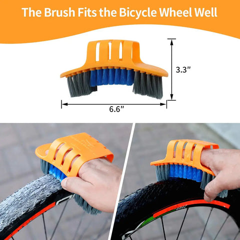 Eight Piece Precision Bicycle Cleaning Tool Kit With Tire Scrubber shown in use on mountain bike wheel