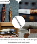 Collage of knives with stainless steel knife handle rivets, five sixteenth by one half inch set of twelve durable burr free fasteners.