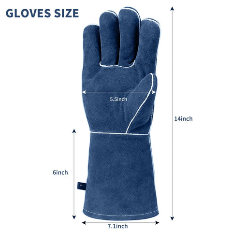 Heavy Duty Leather Welding Gloves With Kevlar Stitching And 1.2mm Natural Cowhide, size details shown with dimensions.