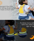 Child wearing Four In One Kiddo Friendly Motorcycle Harness For Safe Rides In Bright Yellow With Breathable Fabric, Adjustable Belt