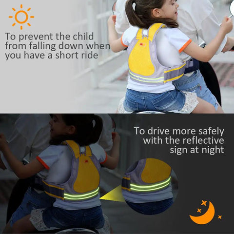 Child wearing Four In One Kiddo Friendly Motorcycle Harness For Safe Rides In Bright Yellow With Breathable Fabric, Adjustable Belt