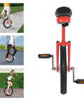Close-up of 16 Inch Adjustable Unicycle for Outdoor Fitness And Fun, Rugged Ergonomic Design with red seat and pedals.