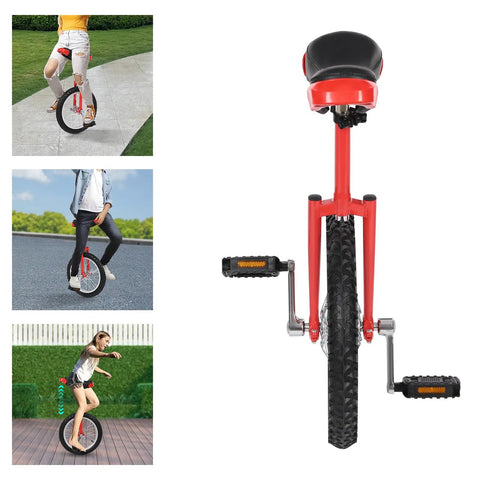 Close-up of 16 Inch Adjustable Unicycle for Outdoor Fitness And Fun, Rugged Ergonomic Design with red seat and pedals.