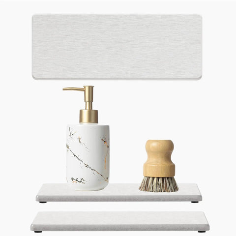 Two Pack Beige Diatomite Soap Dryers Rapid Absorbing Countertop Organizers with pump and brush on two trays.