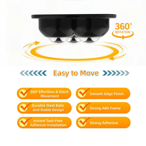 8 Pack Low Profile Adhesive Casters Delivers Smooth Cruising Action For Kitchen Heavyweights Like Blenders And Air Fryers With No Sweat Rolling Setup And Straight Up Dependable Grip In Matte Black, showing 360° rotation and durable design.